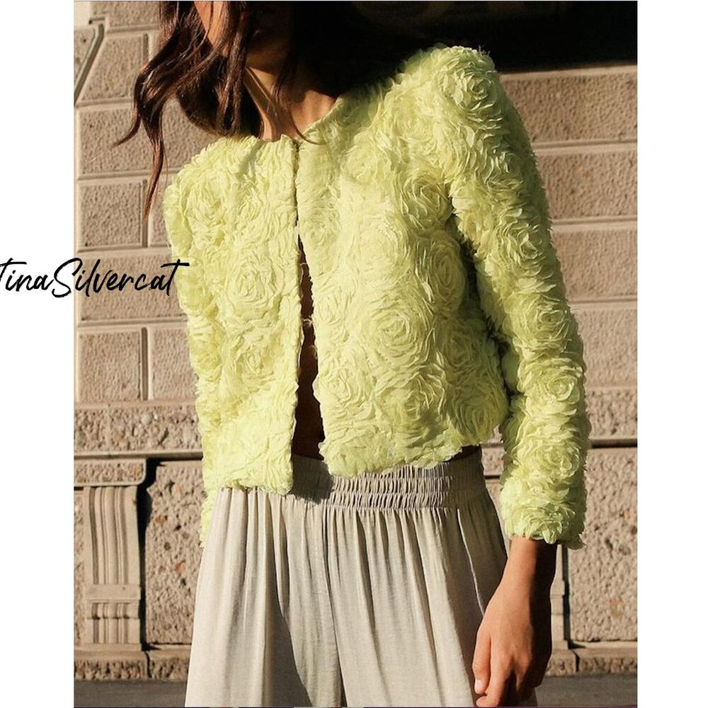 Zara 3D Flower Cardigan Lime Green Sz L NWT